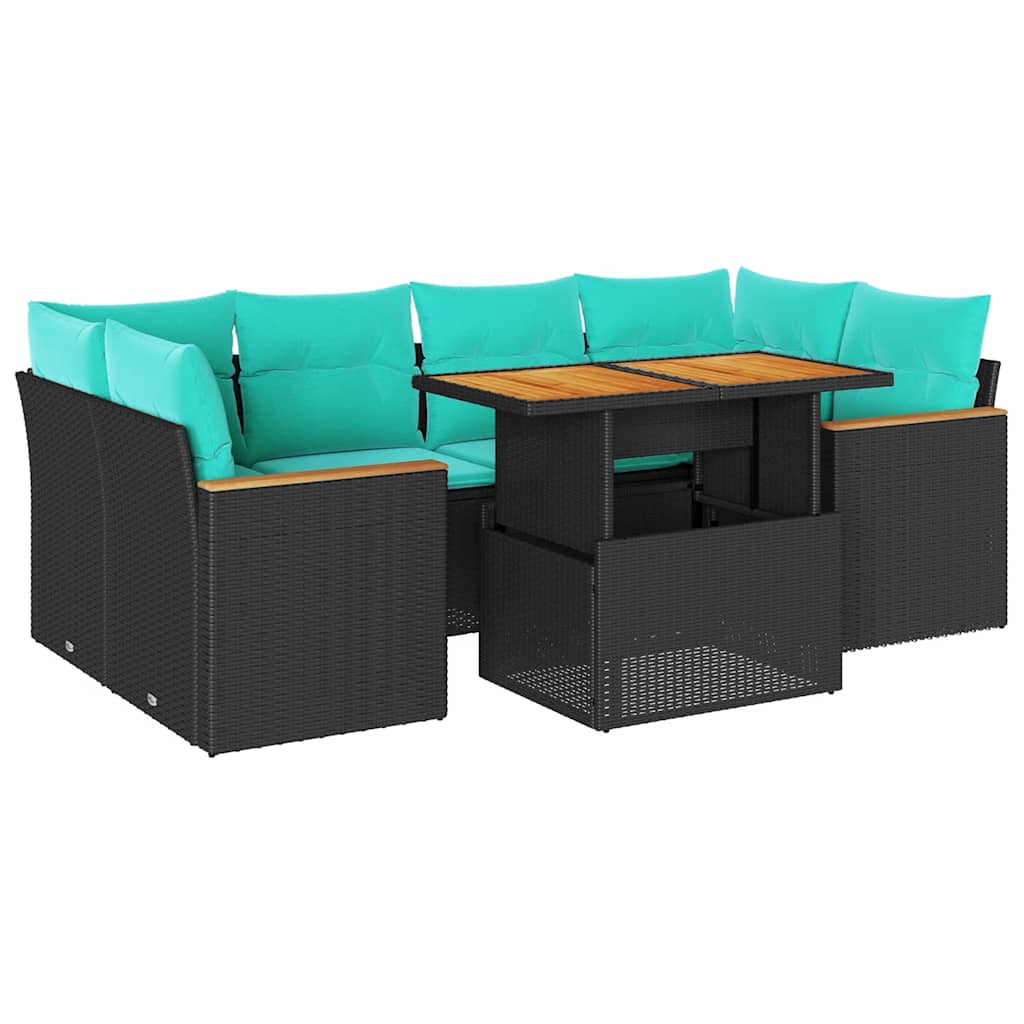 7 Piece Patio Sofa Set with Cushions Black Poly Rattan