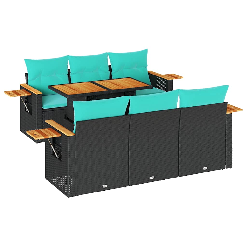 7 Piece Patio Sofa Set with Cushions Black Poly Rattan