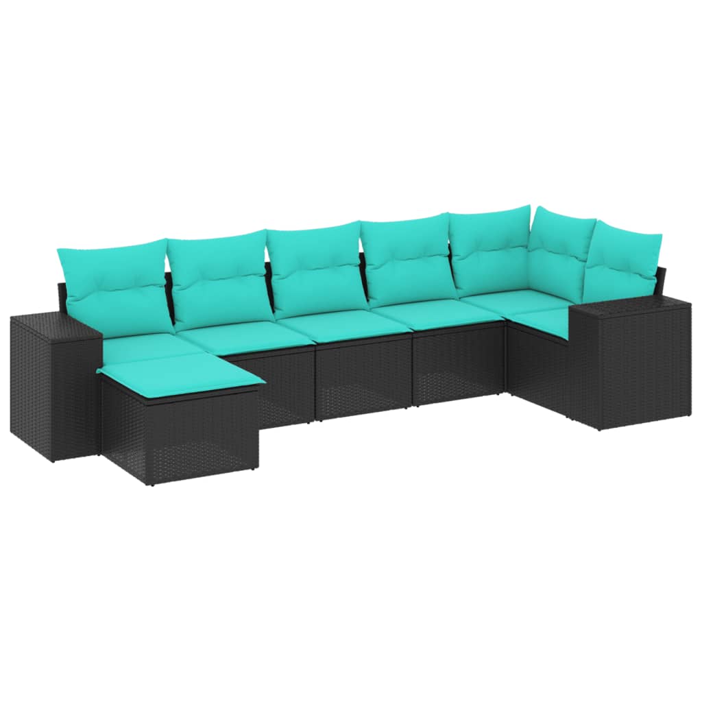 7 Piece Patio Sofa Set with Cushions Black Poly Rattan