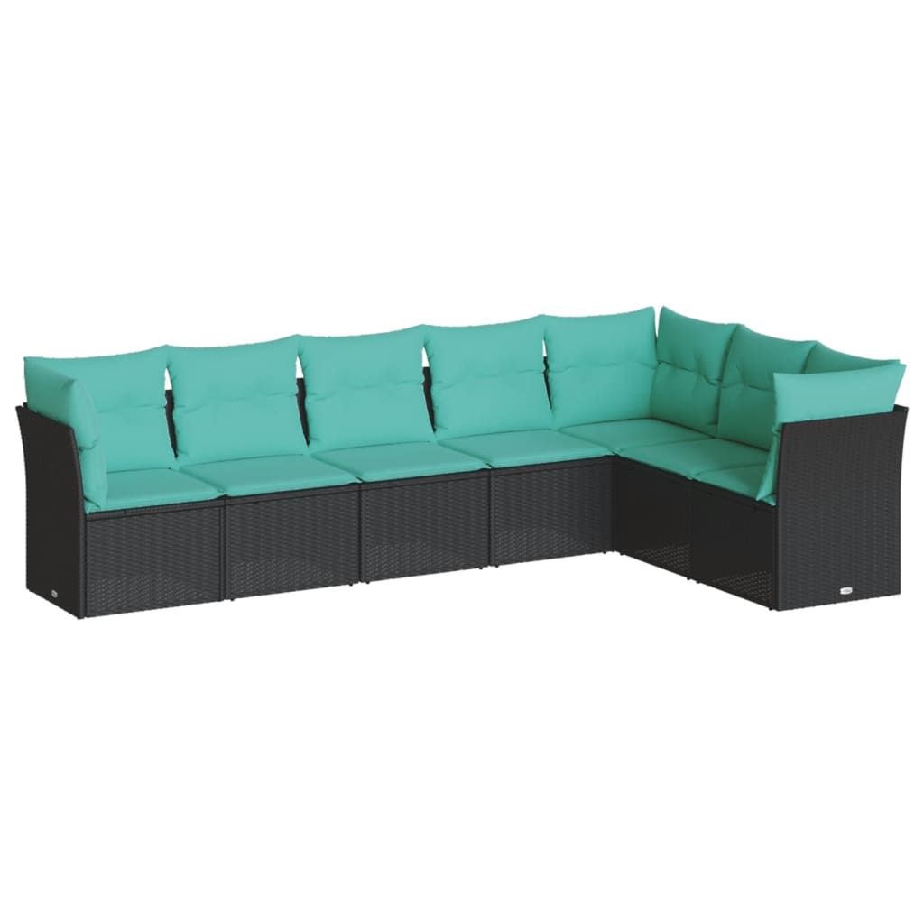 7 Piece Patio Sofa Set with Cushions Black Poly Rattan