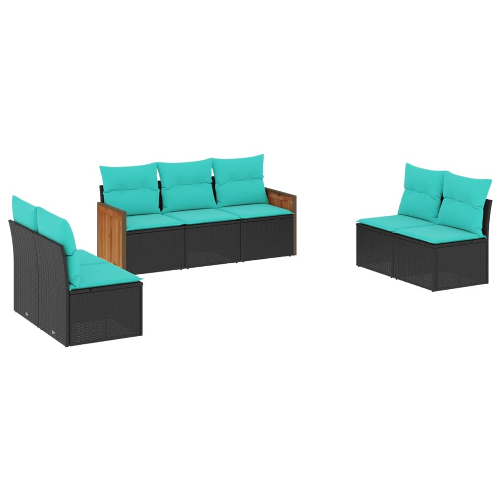 7 Piece Patio Sofa Set with Cushions Black Poly Rattan