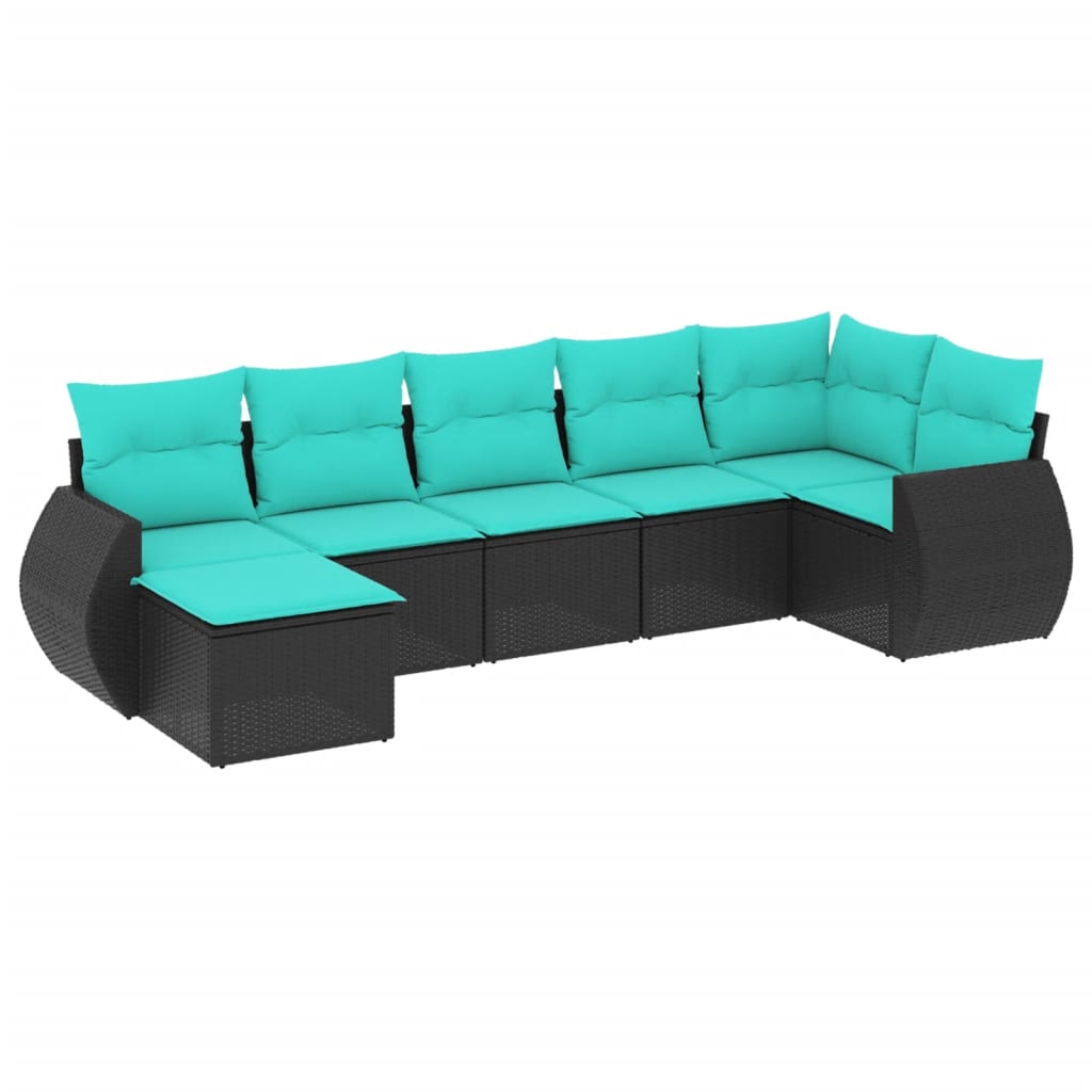 7 Piece Patio Sofa Set with Cushions Black Poly Rattan