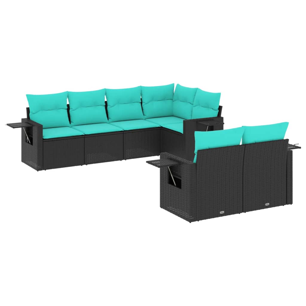 7 Piece Patio Sofa Set with Cushions Black Poly Rattan