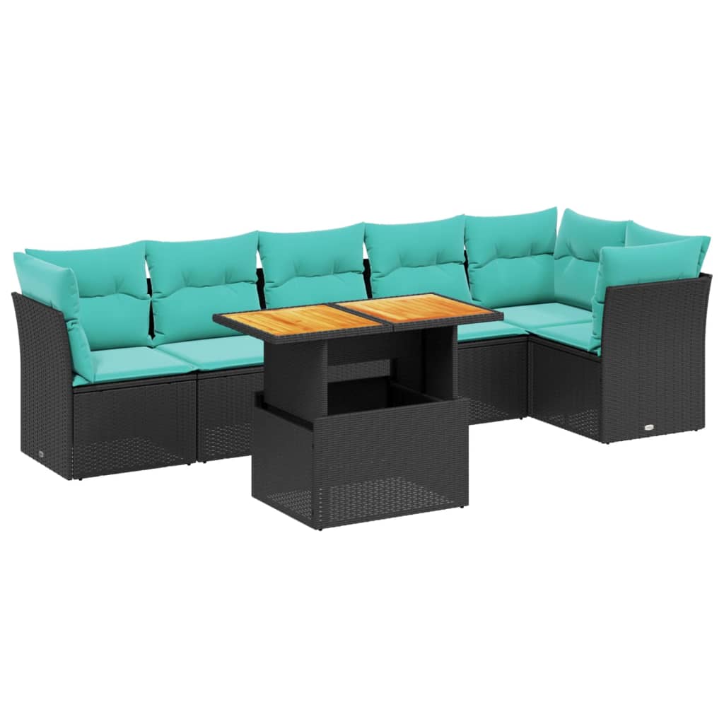 7 Piece Patio Sofa Set with Cushions Black Poly Rattan