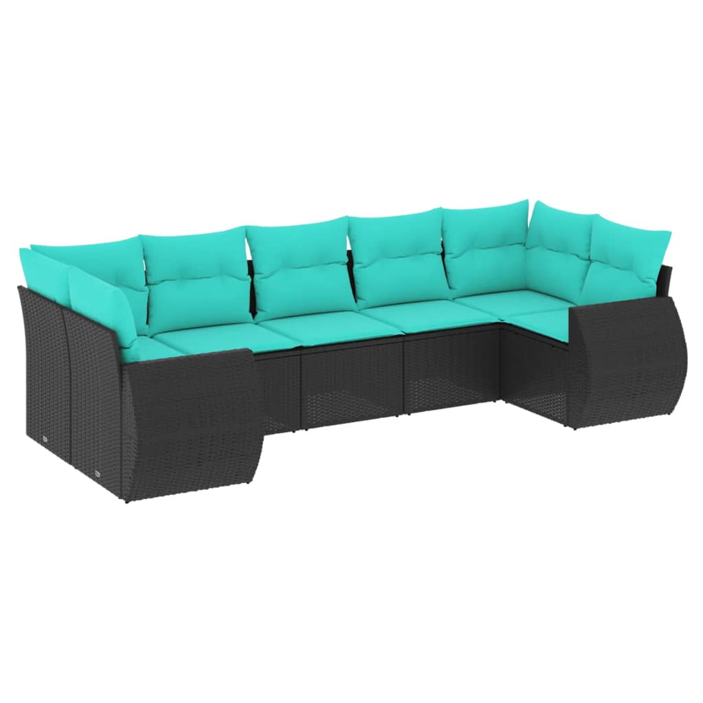 7 Piece Patio Sofa Set with Cushions Black Poly Rattan