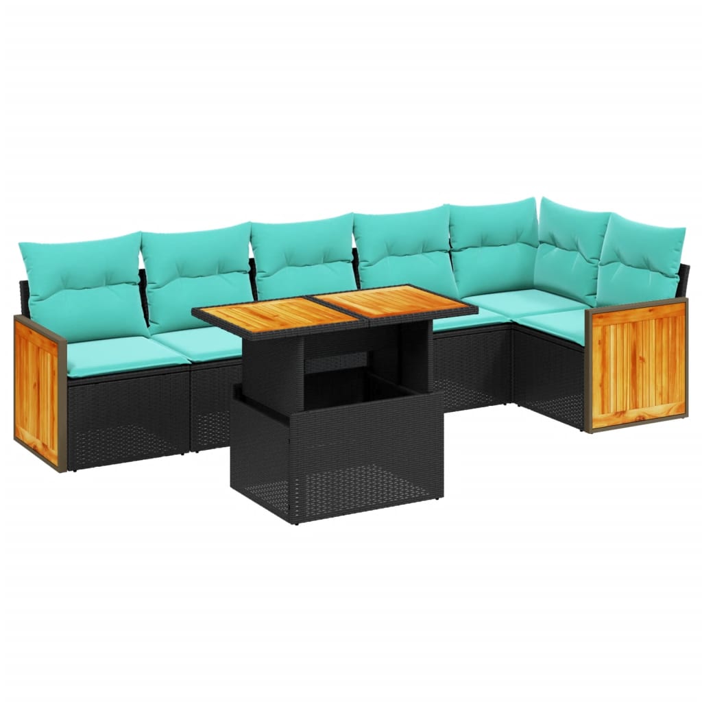7 Piece Patio Sofa Set with Cushions Black Poly Rattan