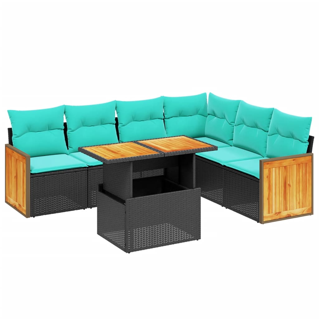 7 Piece Patio Sofa Set with Cushions Black Poly Rattan
