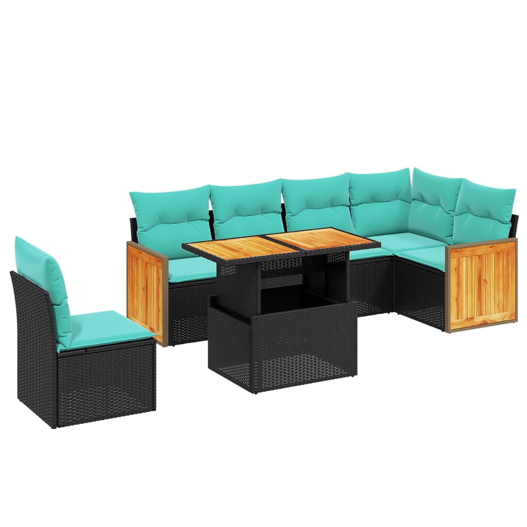 7 Piece Patio Sofa Set with Cushions Black Poly Rattan