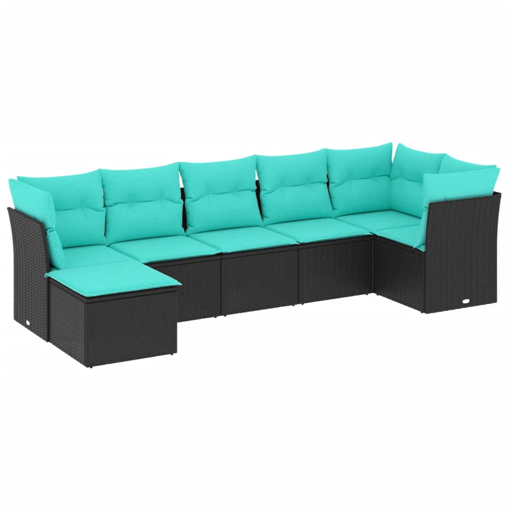 7 Piece Patio Sofa Set with Cushions Black Poly Rattan