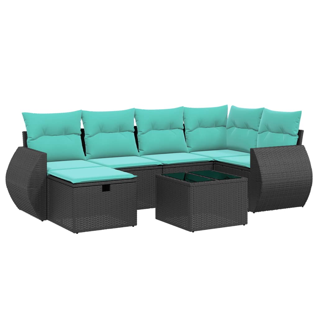 7 Piece Patio Sofa Set with Cushions Black Poly Rattan