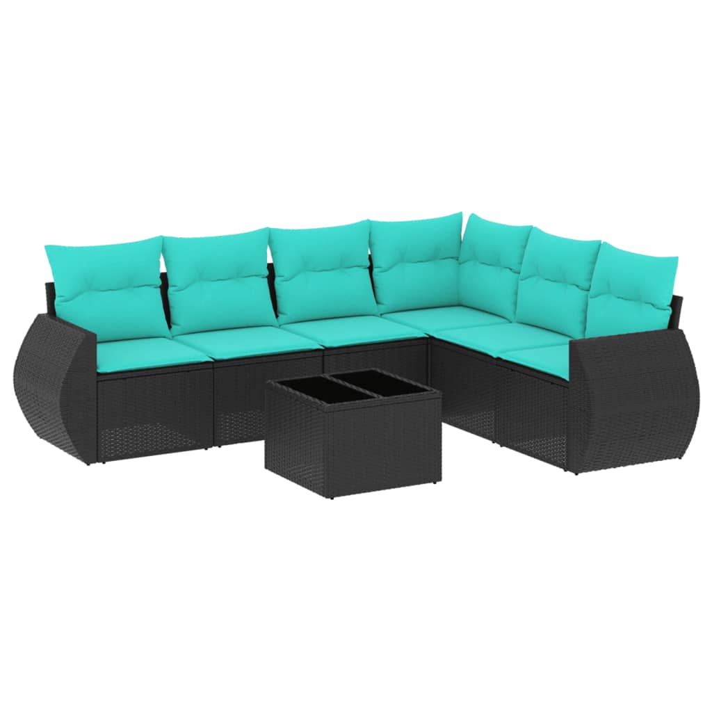 7 Piece Patio Sofa Set with Cushions Black Poly Rattan