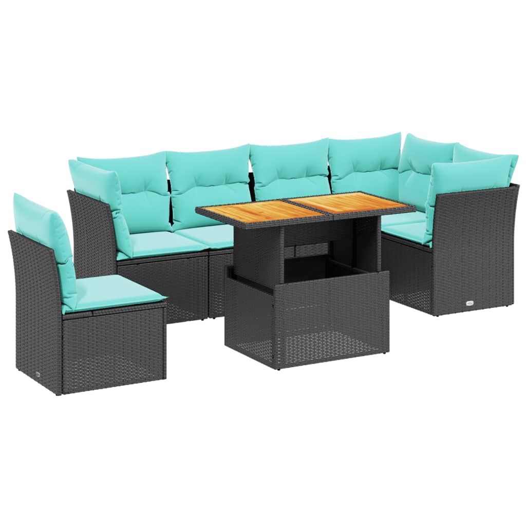 7 Piece Patio Sofa Set with Cushions Black Poly Rattan