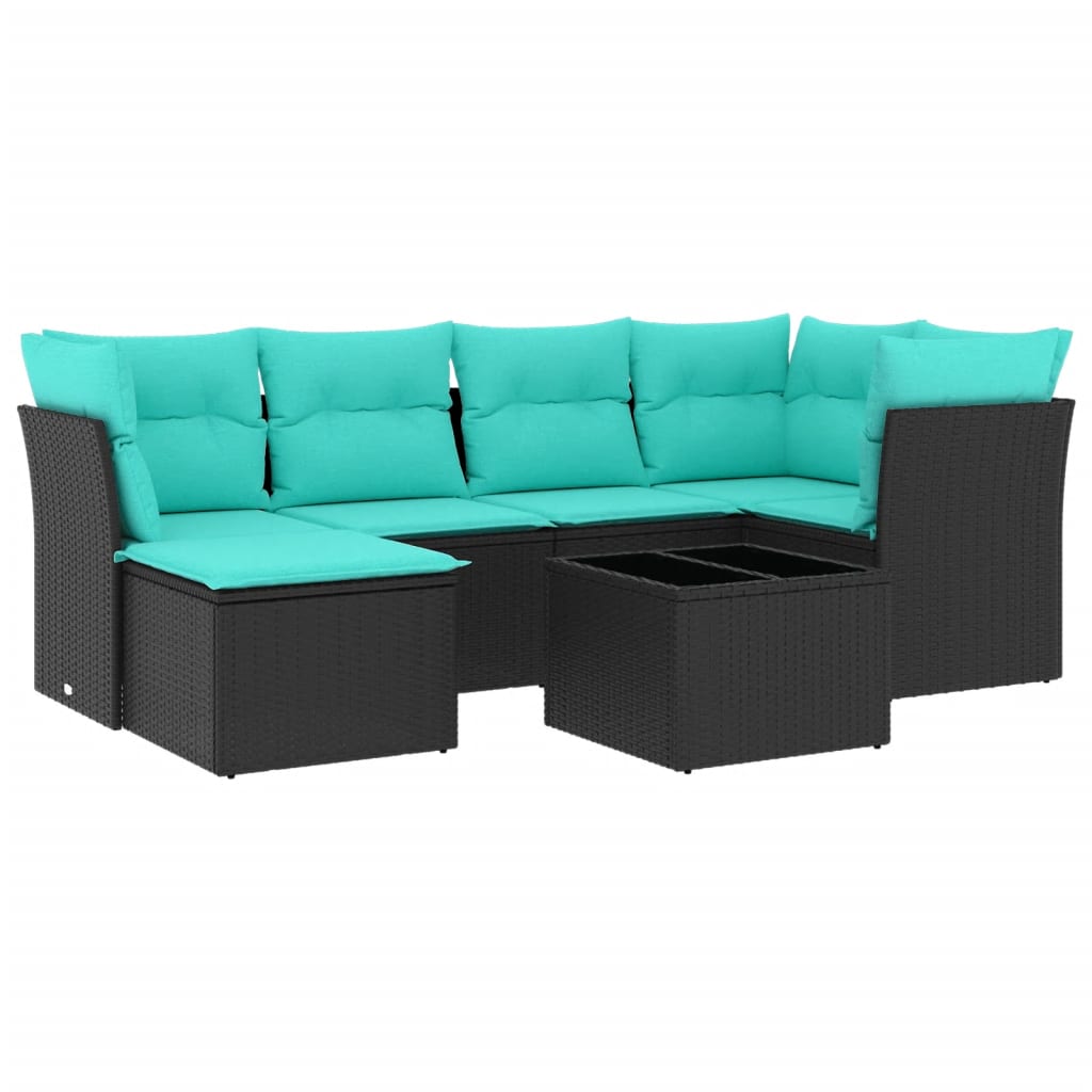 7 Piece Patio Sofa Set with Cushions Black Poly Rattan