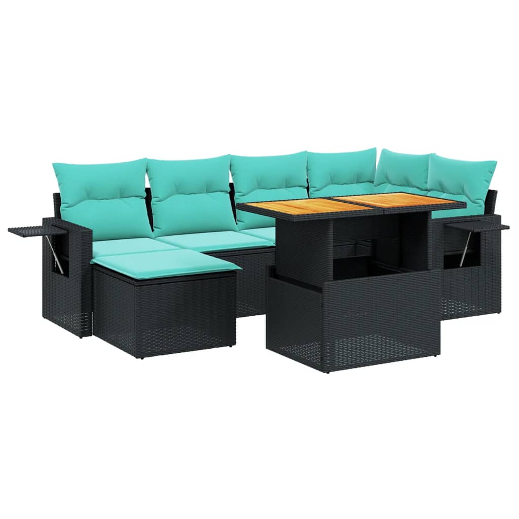7 Piece Patio Sofa Set with Cushions Black Poly Rattan