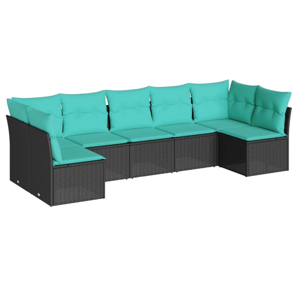 7 Piece Patio Sofa Set with Cushions Black Poly Rattan