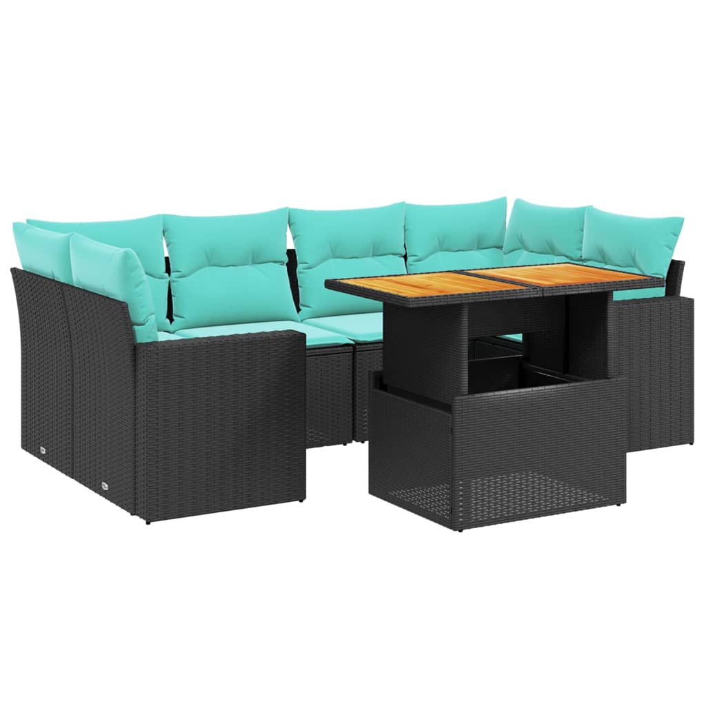 7 Piece Patio Sofa Set with Cushions Black Poly Rattan