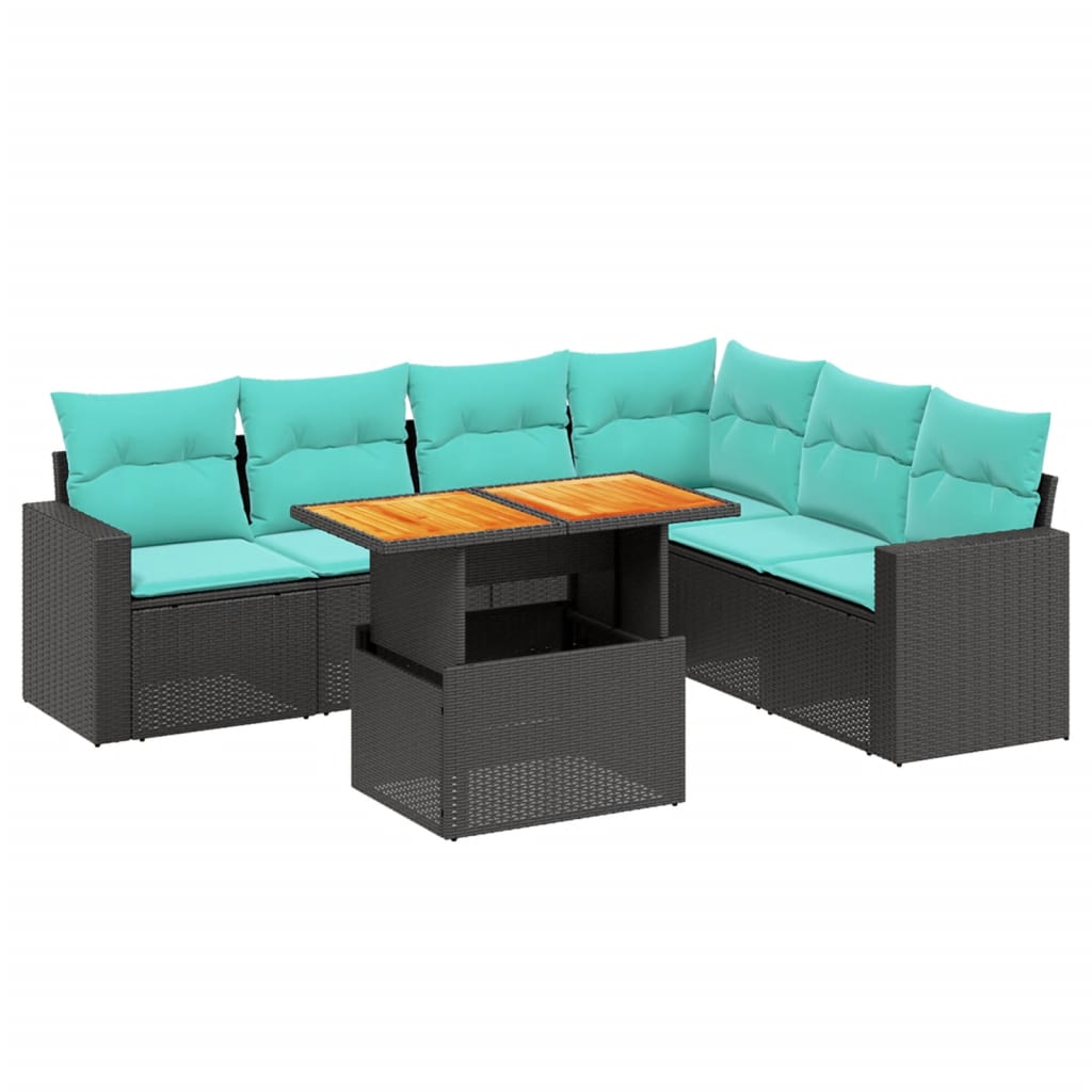 7 Piece Patio Sofa Set with Cushions Black Poly Rattan