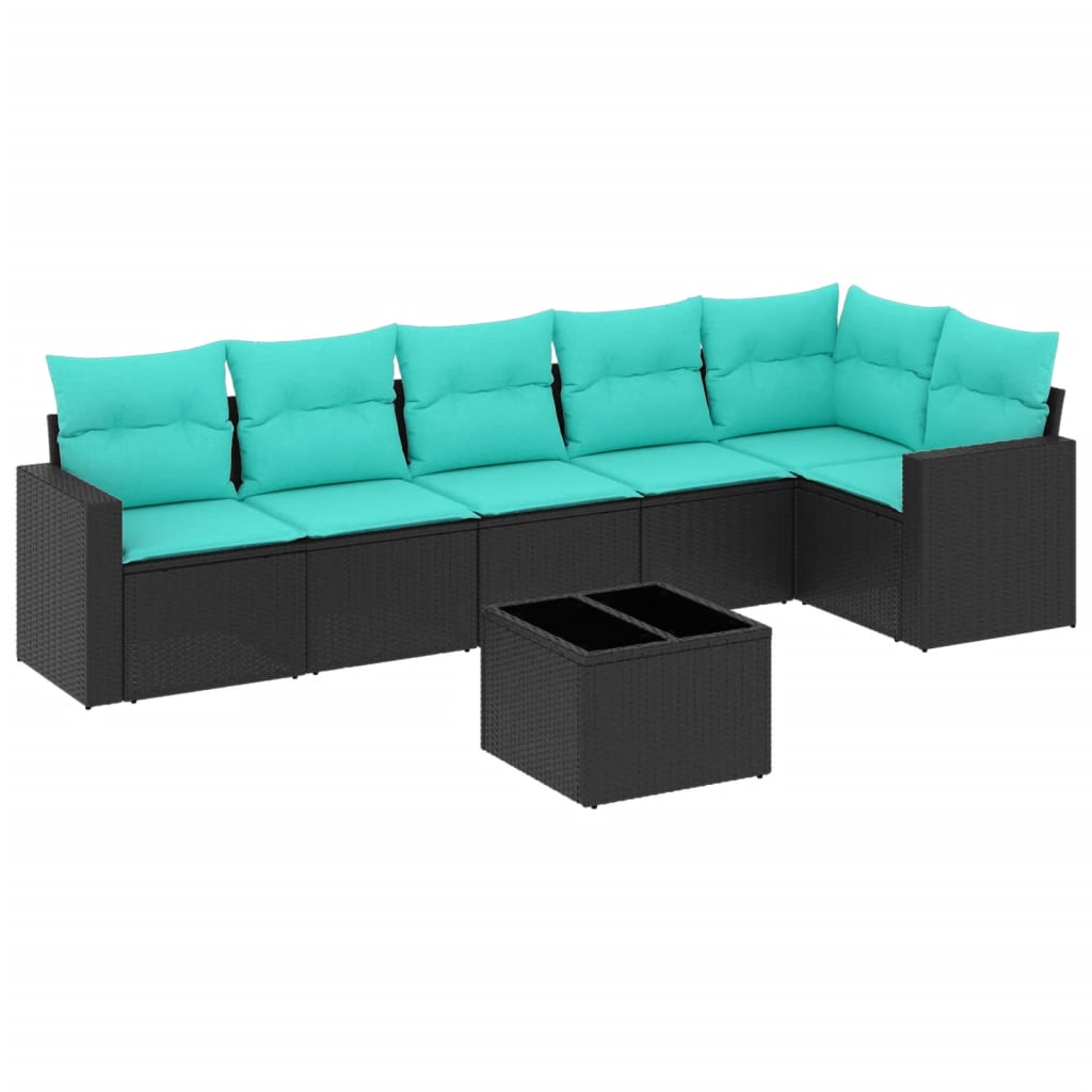 7 Piece Patio Sofa Set with Cushions Black Poly Rattan