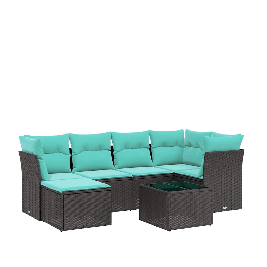 7 Piece Patio Sofa Set with Cushions Black Poly Rattan