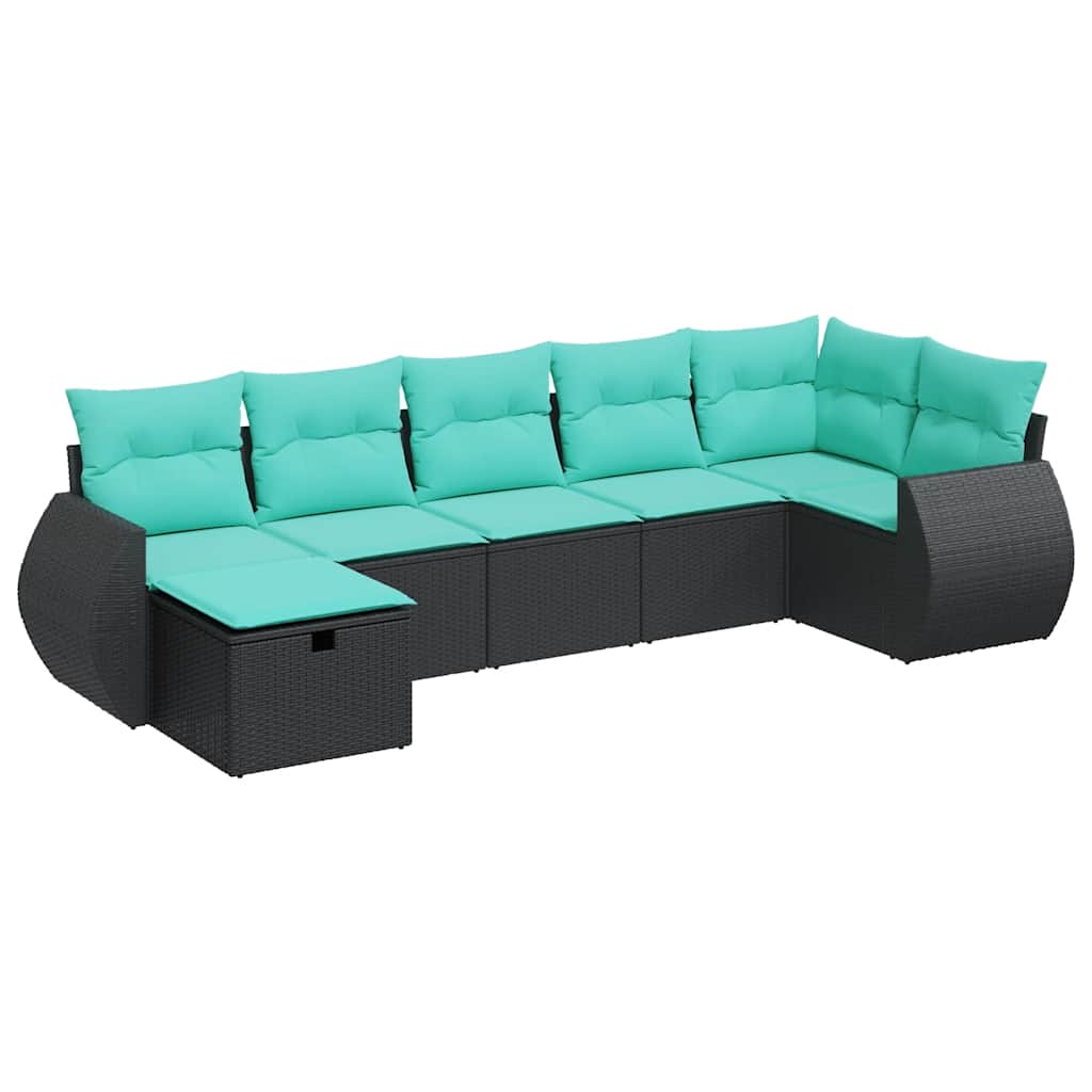 7 Piece Patio Sofa Set with Cushions Black Poly Rattan