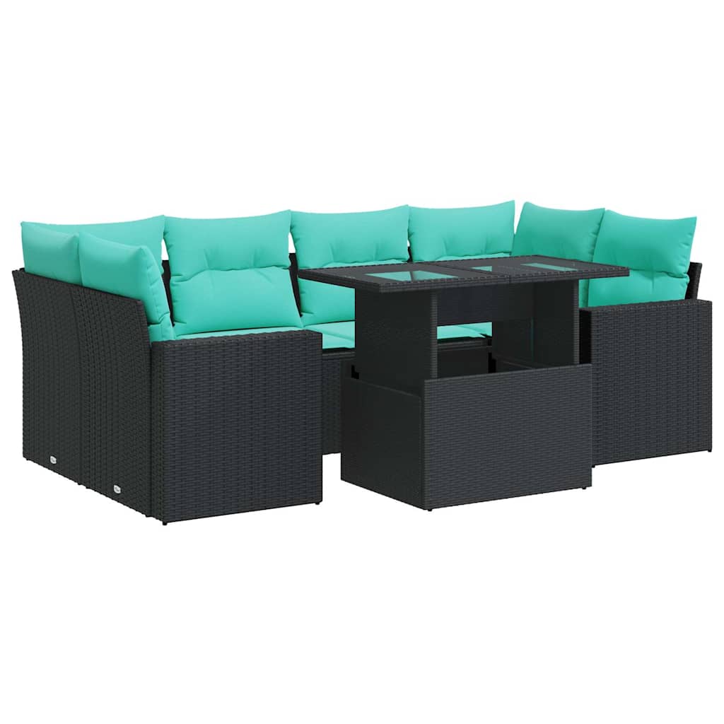 7 Piece Patio Sofa Set with Cushions Black Poly Rattan Acacia