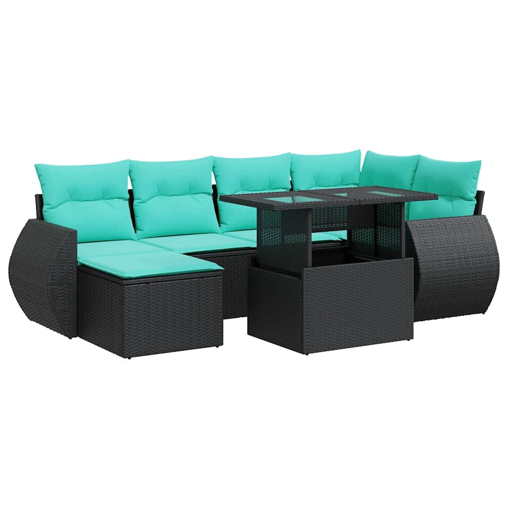 7 Piece Patio Sofa Set with Cushions Black Poly Rattan Acacia