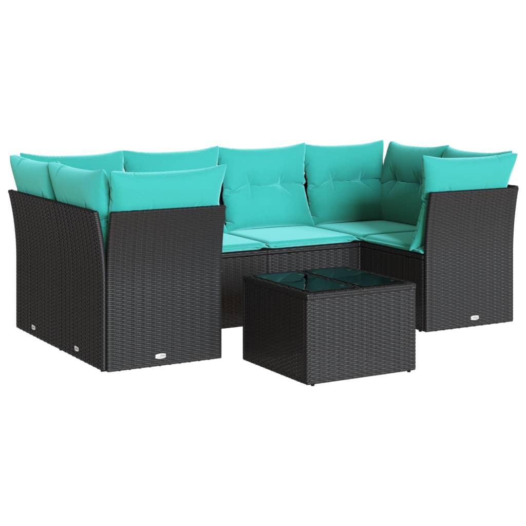 7 Piece Patio Sofa Set with Cushions Black Poly Rattan