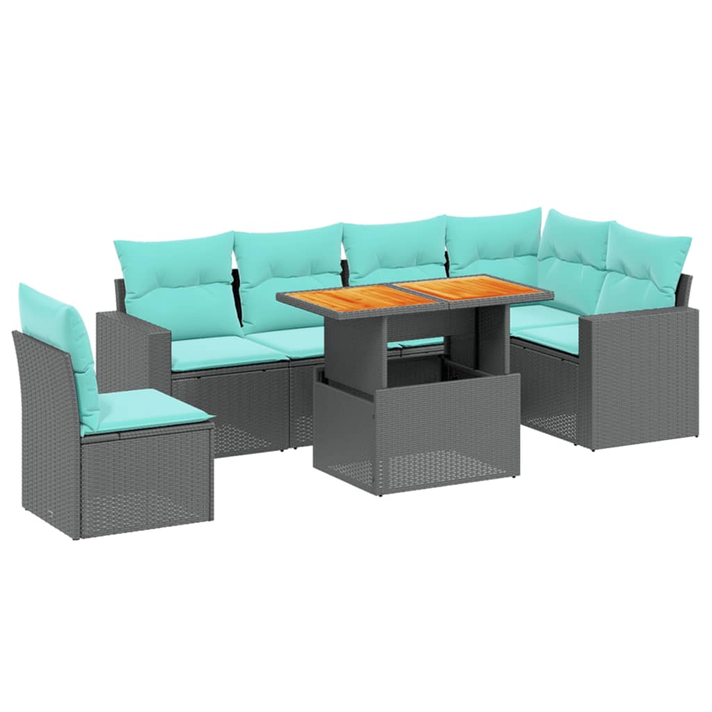 7 Piece Patio Sofa Set with Cushions Black Poly Rattan