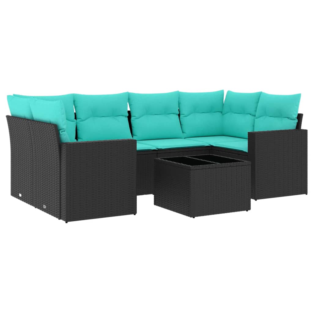 7 Piece Patio Sofa Set with Cushions Black Poly Rattan