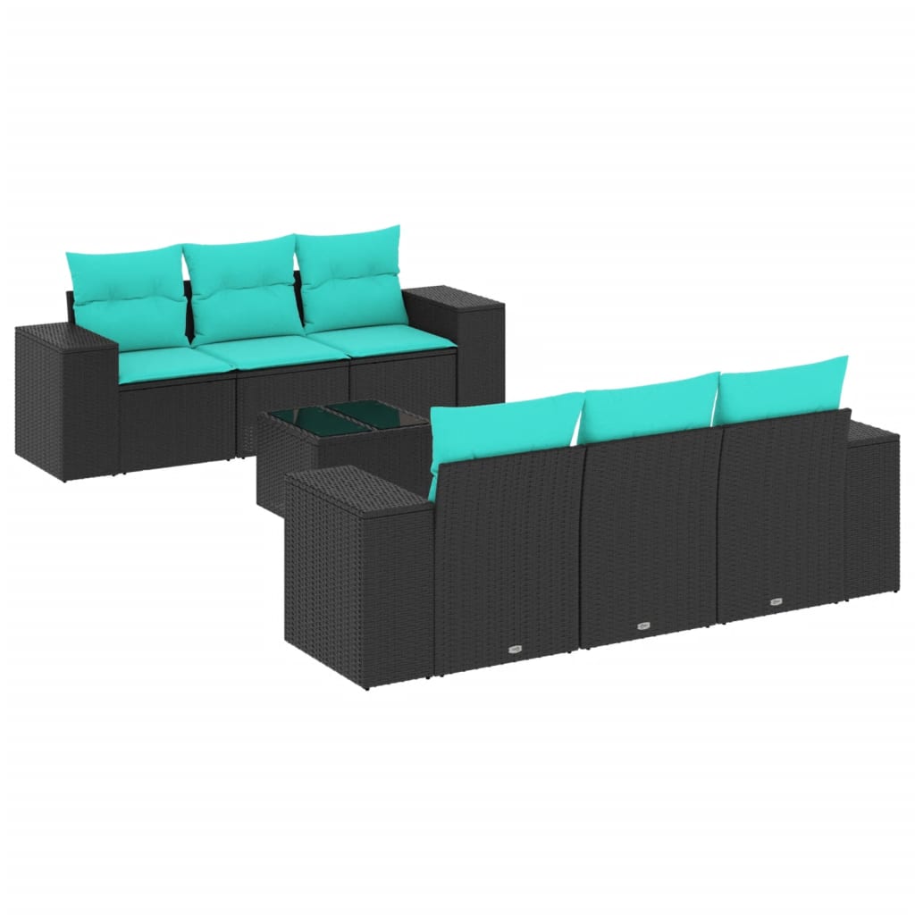 7 Piece Patio Sofa Set with Cushions Black Poly Rattan