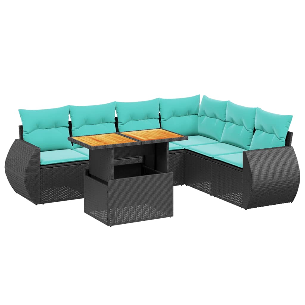 7 Piece Patio Sofa Set with Cushions Black Poly Rattan