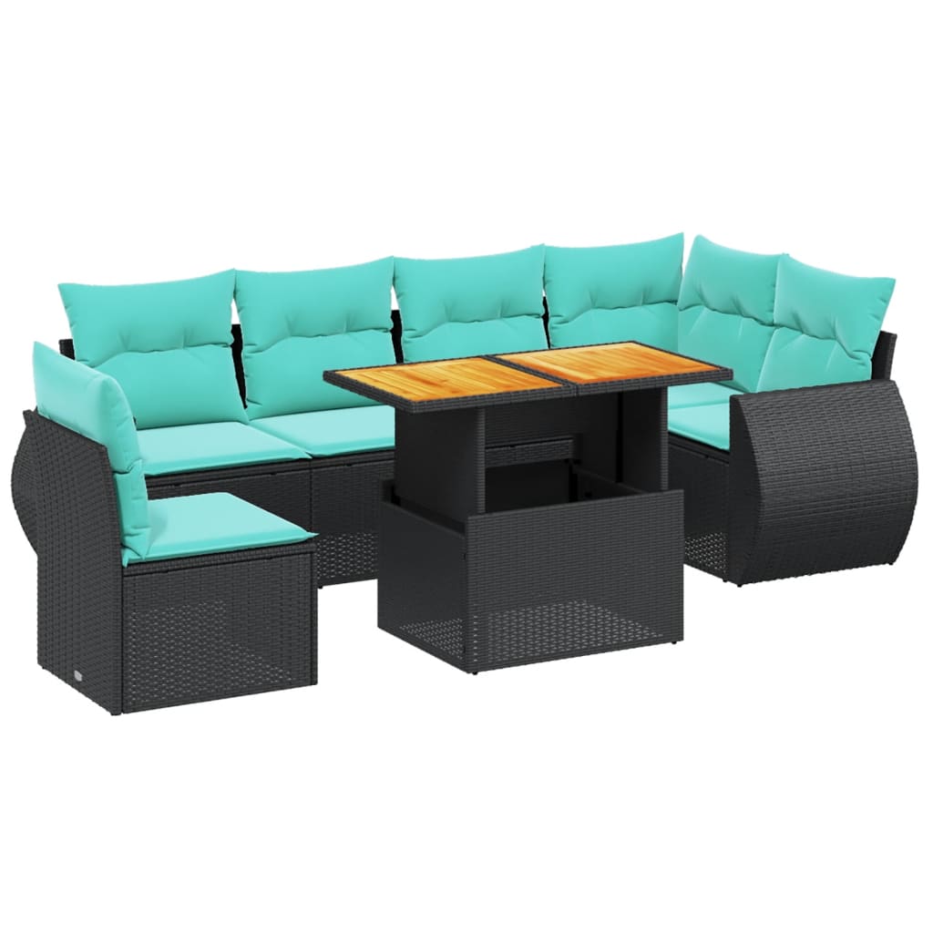 7 Piece Patio Sofa Set with Cushions Black Poly Rattan