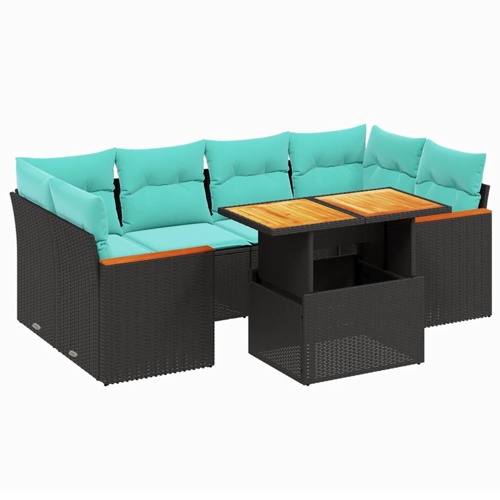 7 Piece Patio Sofa Set with Cushions Black Poly Rattan
