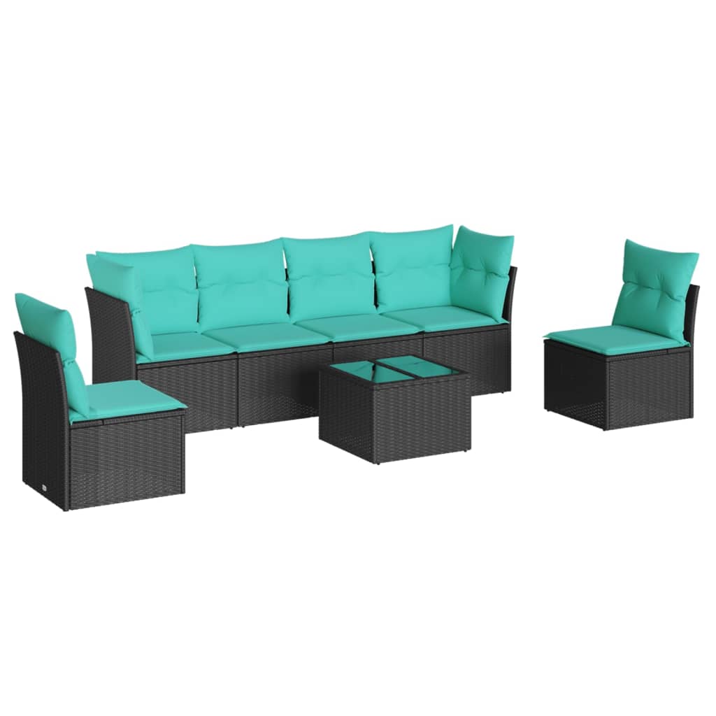 7 Piece Patio Sofa Set with Cushions Black Poly Rattan