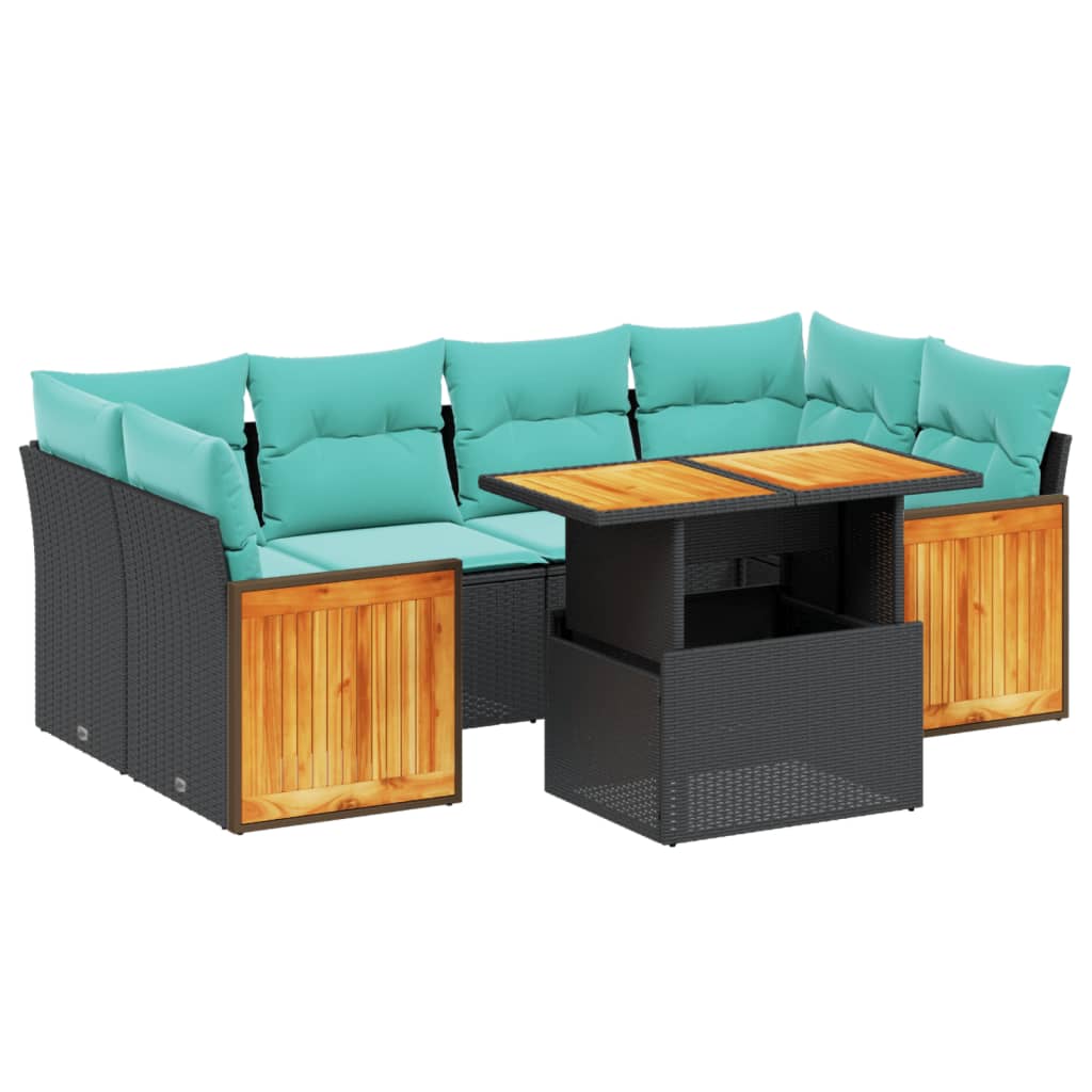 7 Piece Patio Sofa Set with Cushions Black Poly Rattan