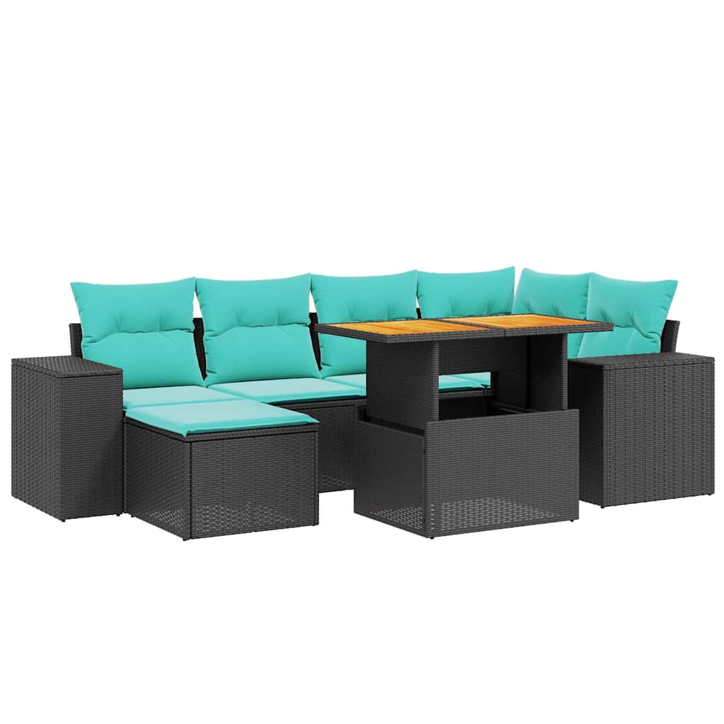 7 Piece Patio Sofa Set with Cushions Black Poly Rattan
