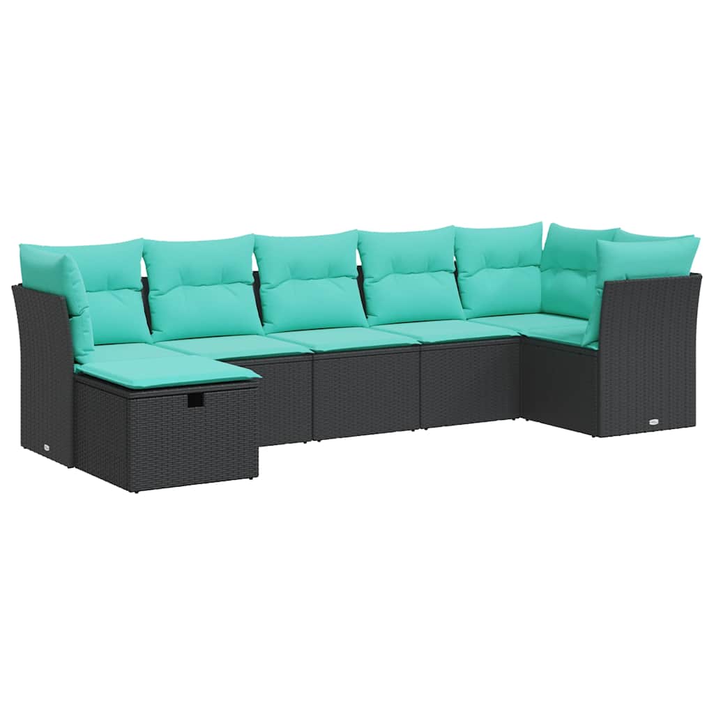 7 Piece Patio Sofa Set with Cushions Black Poly Rattan