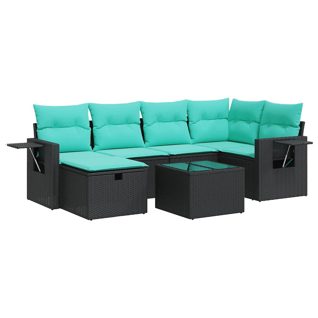 7 Piece Patio Sofa Set with Cushions Black Poly Rattan