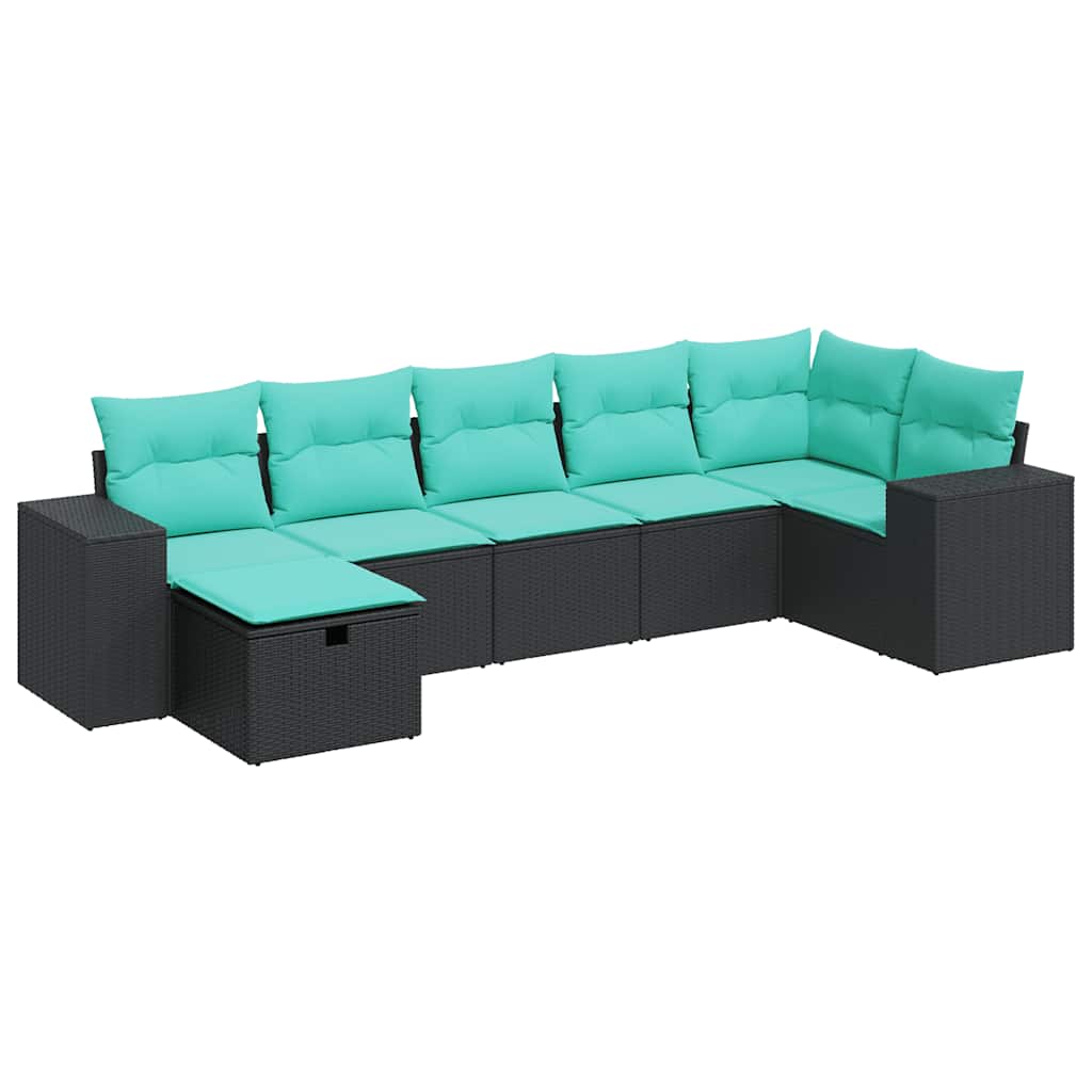 7 Piece Patio Sofa Set with Cushions Black Poly Rattan