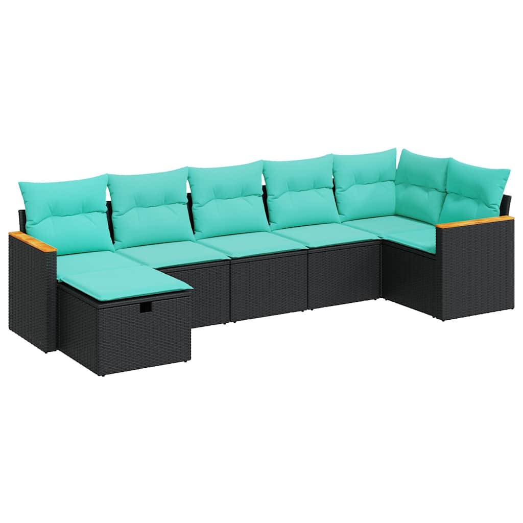 7 Piece Patio Sofa Set with Cushions Black Poly Rattan