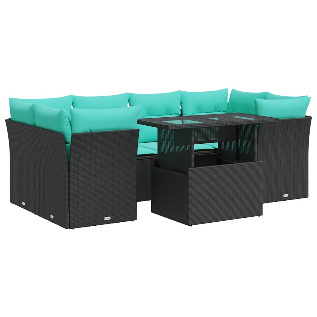 7 Piece Patio Sofa Set with Cushions Black Poly Rattan Acacia