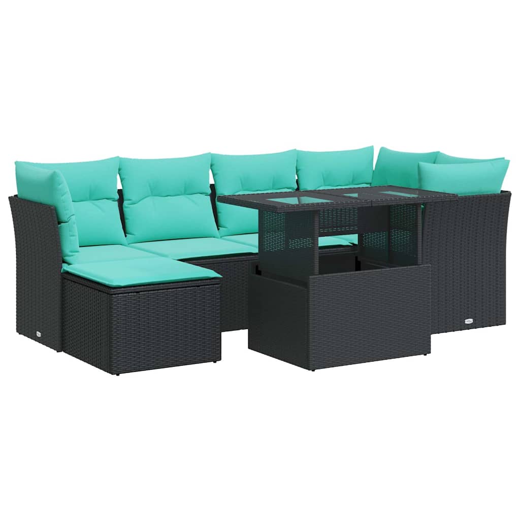 7 Piece Patio Sofa Set with Cushions Black Poly Rattan Acacia