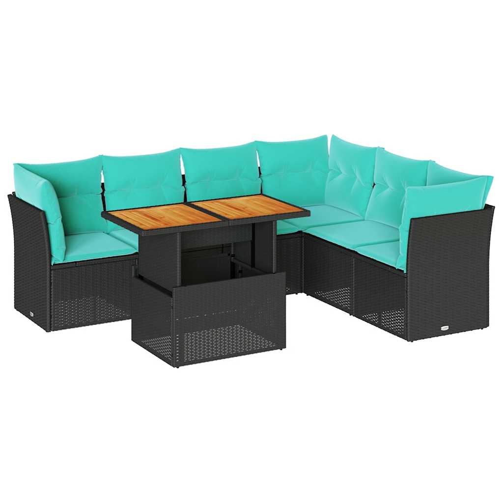 7 Piece Patio Sofa Set with Cushions Black Poly Rattan