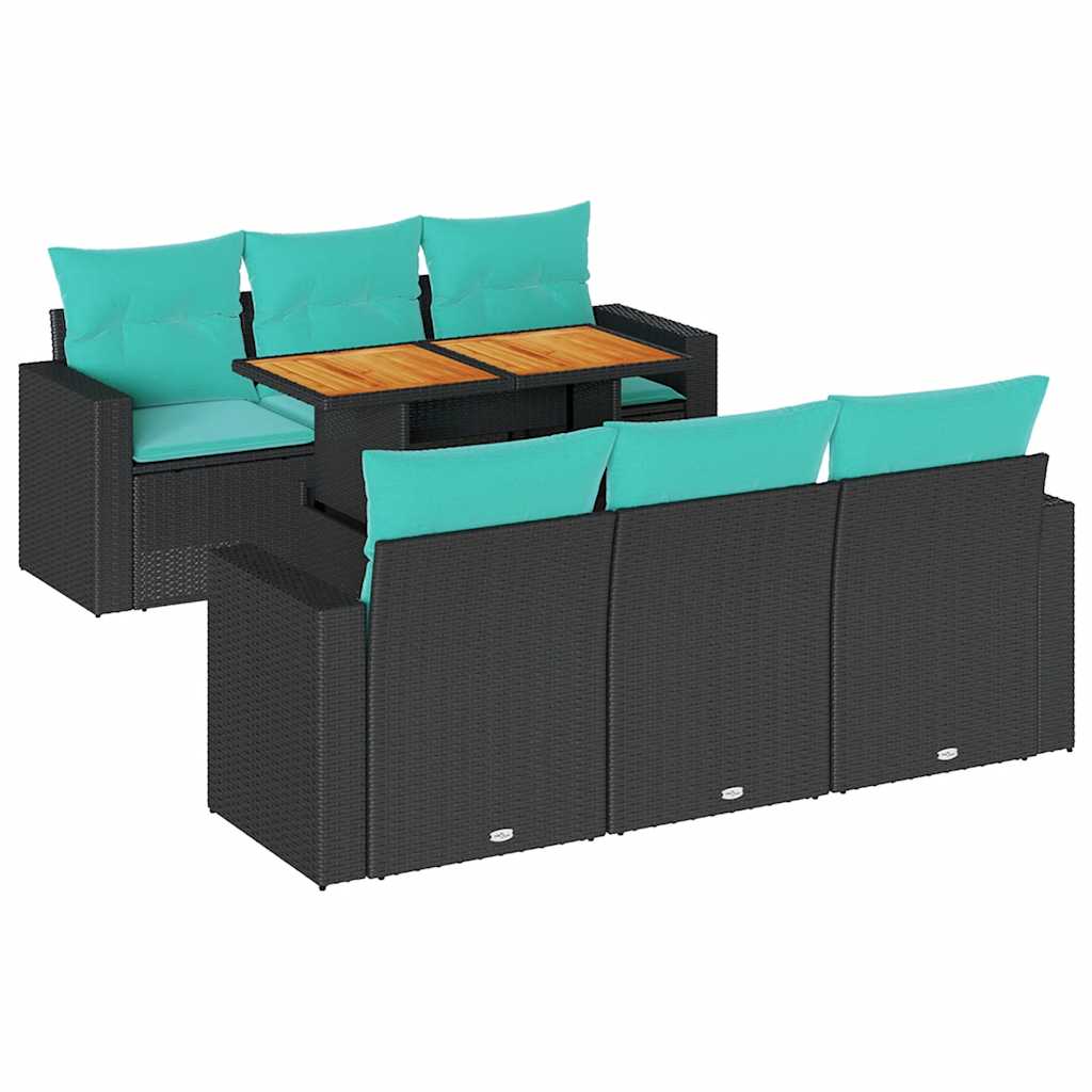 7 Piece Patio Sofa Set with Cushions Black Poly Rattan