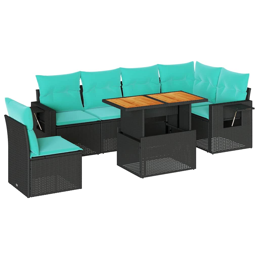 7 Piece Patio Sofa Set with Cushions Black Poly Rattan