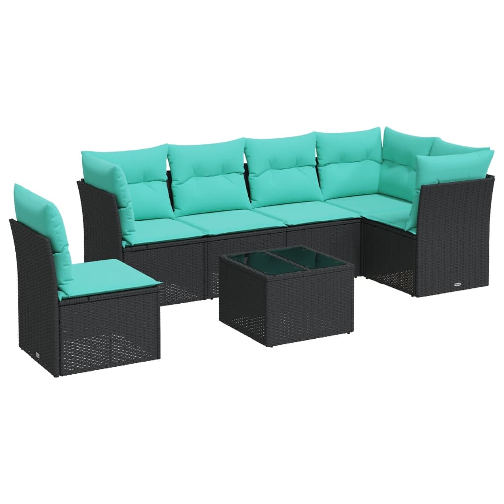 7 Piece Patio Sofa Set with Cushions Black Poly Rattan