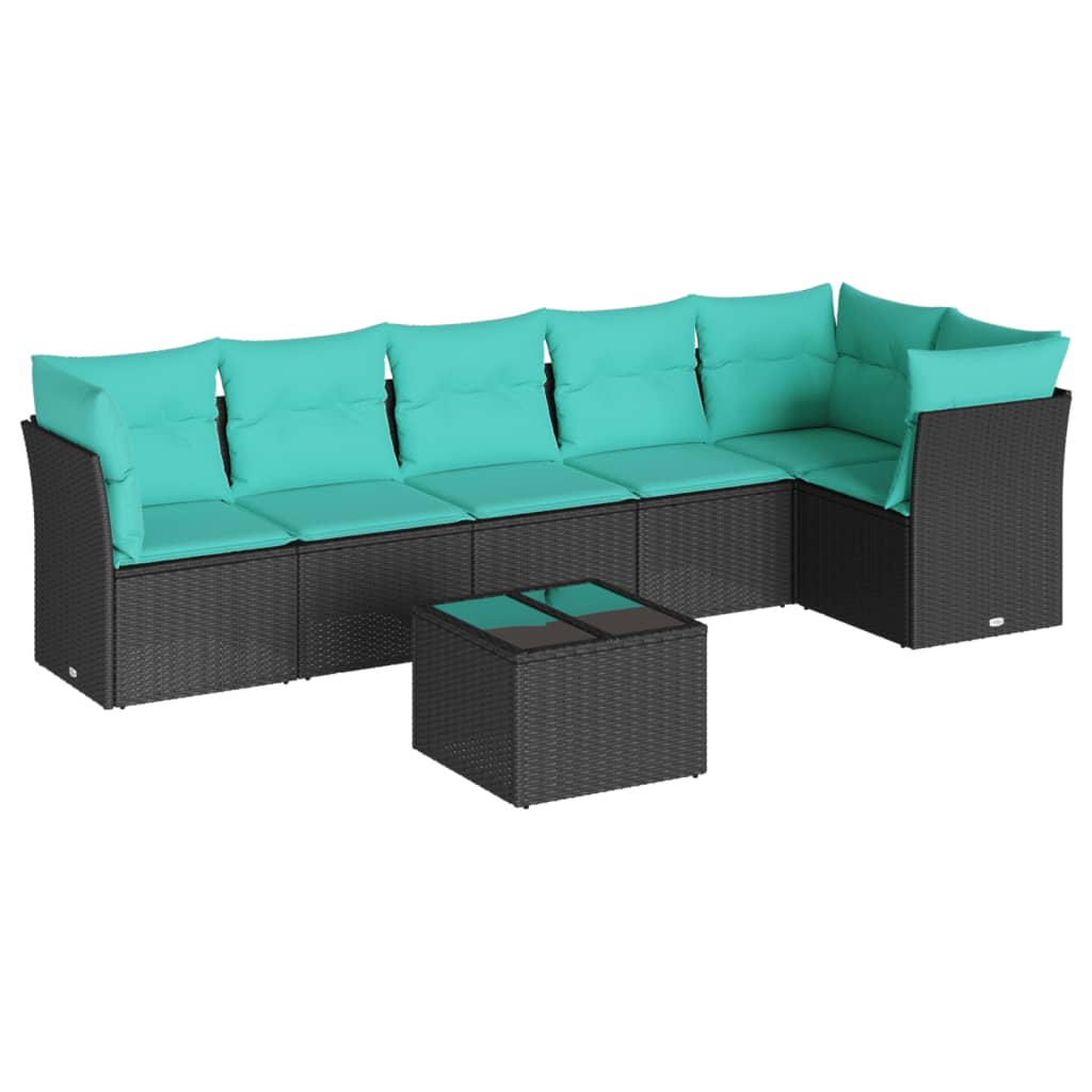 7 Piece Patio Sofa Set with Cushions Black Poly Rattan