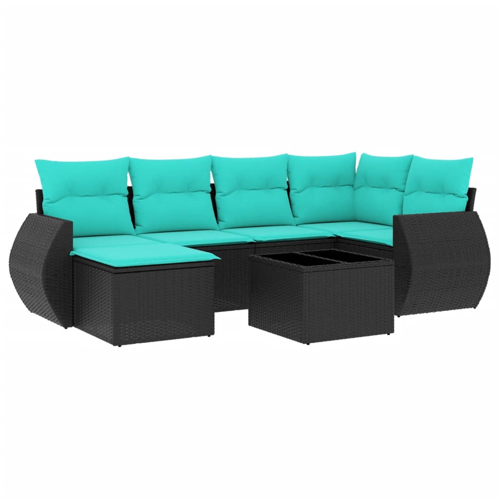 7 Piece Patio Sofa Set with Cushions Black Poly Rattan