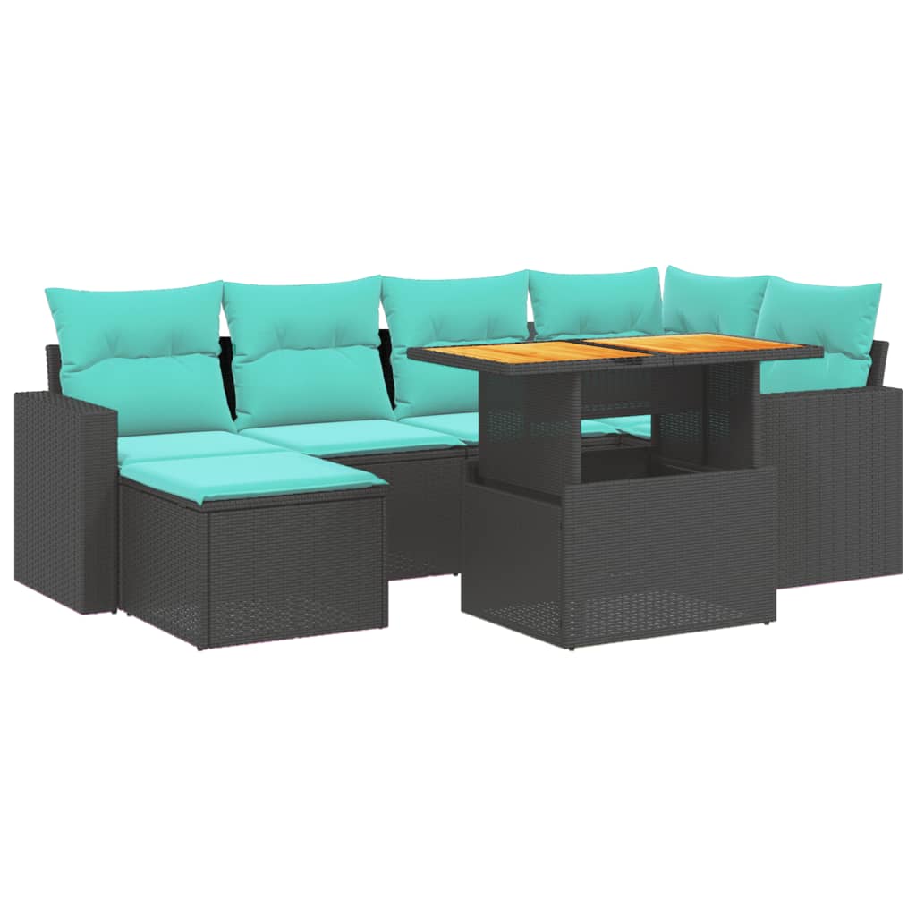 7 Piece Patio Sofa Set with Cushions Black Poly Rattan