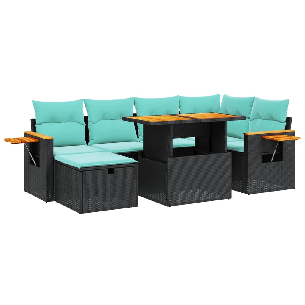 7 Piece Patio Sofa Set with Cushions Black Poly Rattan